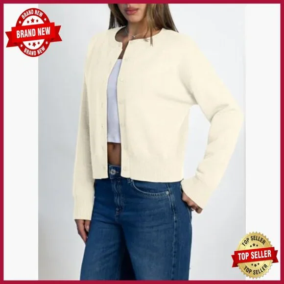 Large Lightweight Cropped Cardigan, Button Front, Ribbed Hem, Versatile Layering - Picture 3 of 6